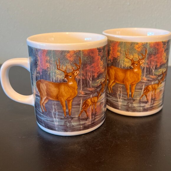 Two Vtg FRIENDS OF THE WETLANDS  Deer, Fawn, Doe & Buck, Woodland Ceramic Mugs - Picture 2 of 12